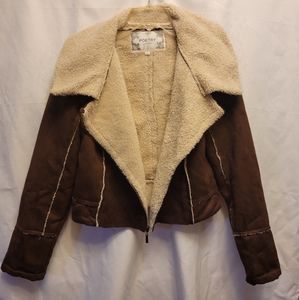 Poety Faux Suede Sherpa Lined Cropped Jacket Diagonal Zip Brown Size M